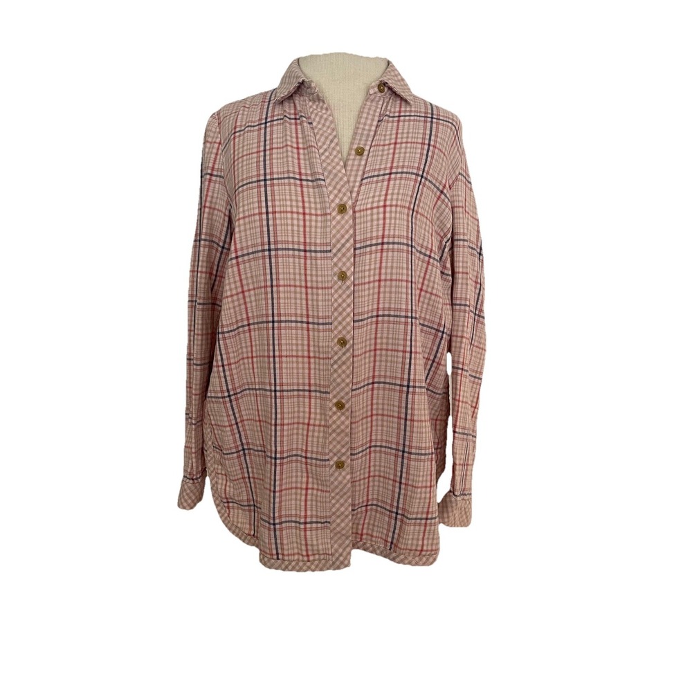 J. Jill Women Flannel Top Blouse Shirt Size S Plaid Pink‎ Cotton Collared Long/S